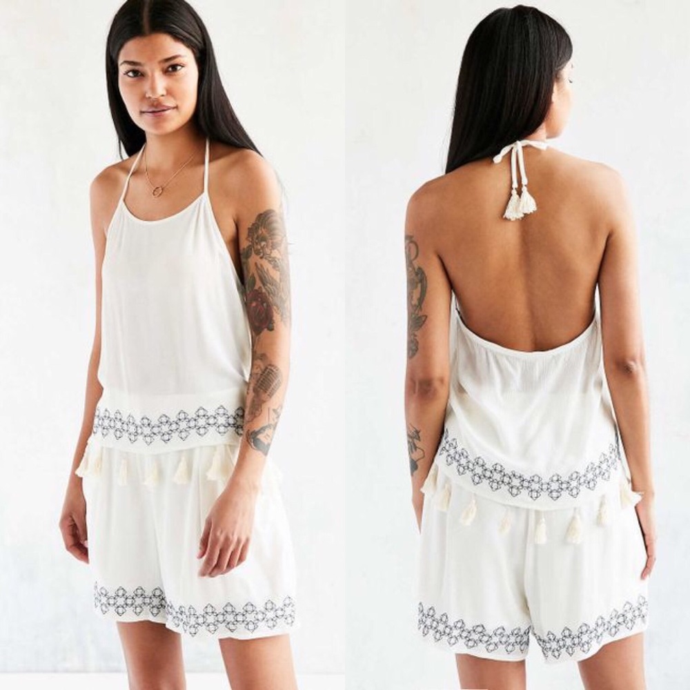 Native Youth White Embroidered Tassel Halter Top